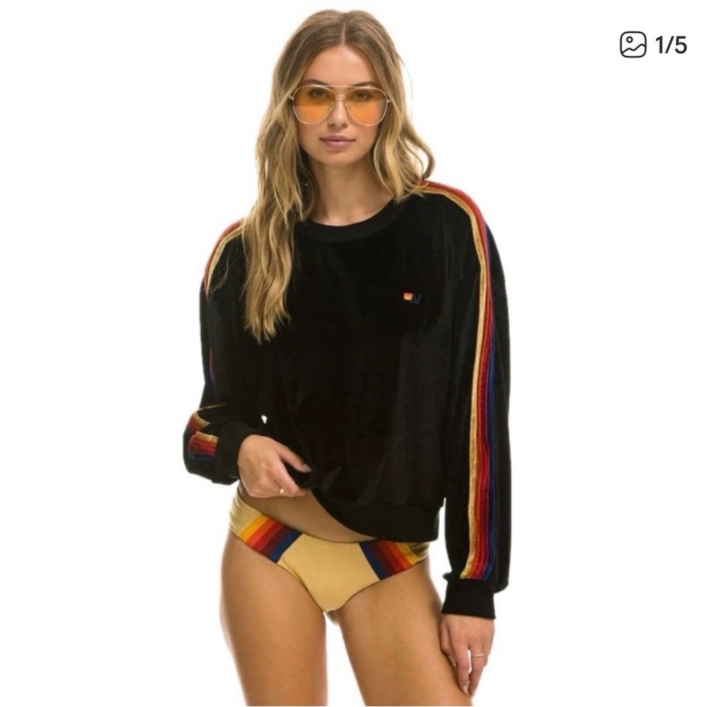NWT Aviator Nation Black Rainbow Stripe Sweatshirt & Sweatpants UNISEX